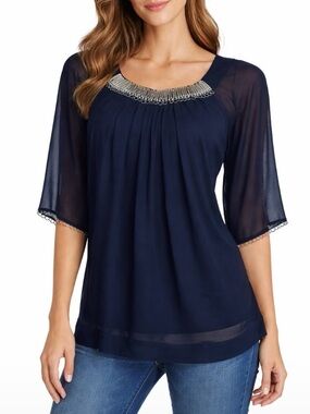 Hanna Jo 100% Silk black blouse with metal ring detailing flowy sleeves blouse S